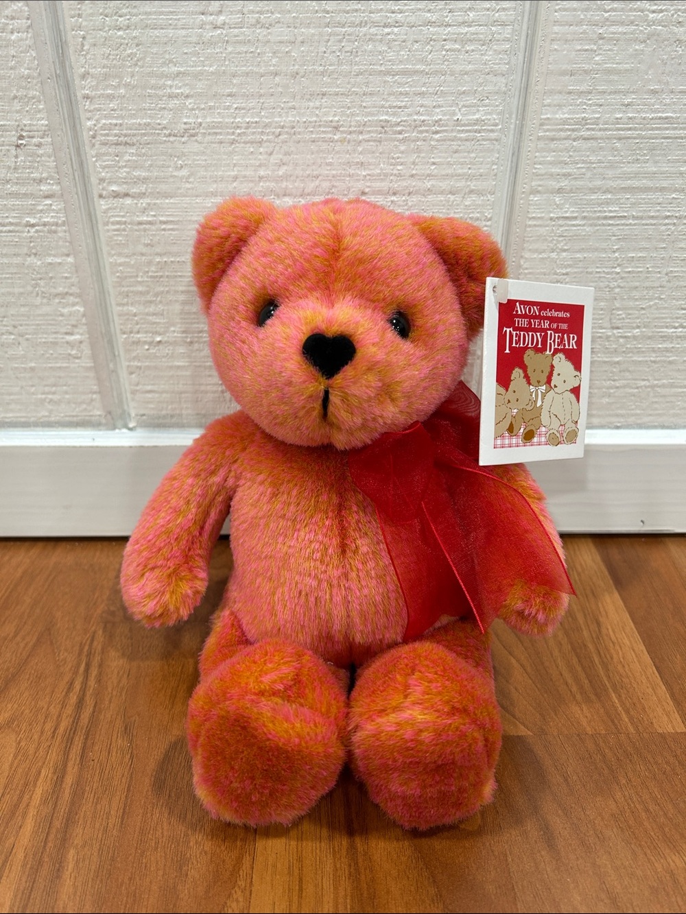 Avon Orange-Pink Plush Teddy Bear with Red Bow